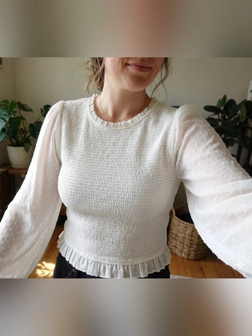 Laundry Women's White Smocked Swiss Dot Long Sleeve Top Large Cottage Core Boho